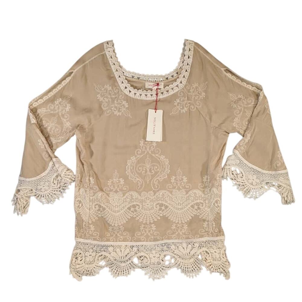 NWT Solitaire Beige Embroidered Tunic Shirt Size S Slit Sleeve Boho